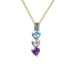 Akuamarin, swarovski ve ametist 8 ayar beyaz altın kolye (40 cm altın rolo zincir)