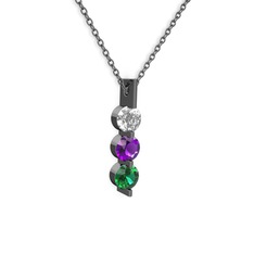 Trinity Taşlı Kolye - Swarovski, ametist ve yeşil kuvars 925 ayar siyah rodyum kaplama gümüş kolye (40 cm gümüş rolo zincir) #1m8kxys