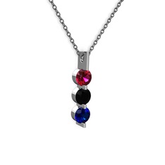 Rodolit garnet, siyah zirkon ve lab safir 8 ayar beyaz altın kolye (40 cm gümüş rolo zincir)