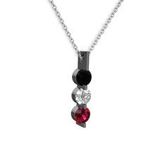 Trinity Taşlı Kolye - Siyah zirkon, swarovski ve rodolit garnet 925 ayar siyah rodyum kaplama gümüş kolye (40 cm gümüş rolo zincir) #1nlc3hu