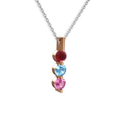 Kök yakut, akuamarin ve pembe kuvars 14 ayar rose altın kolye (40 cm beyaz altın rolo zincir)