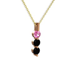 Trinity Taşlı Kolye - Pembe kuvars ve siyah zirkon 14 ayar rose altın kolye (40 cm gümüş rolo zincir) #1p57fah