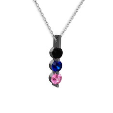 Siyah zirkon, lab safir ve pembe kuvars 925 ayar siyah rodyum kaplama gümüş kolye (40 cm gümüş rolo zincir)