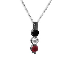 Trinity Taşlı Kolye - Siyah zirkon, swarovski ve kök yakut 925 ayar siyah rodyum kaplama gümüş kolye (40 cm beyaz altın rolo zincir) #1q6lce