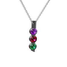 Trinity Taşlı Kolye - Ametist, rodolit garnet ve yeşil kuvars 925 ayar siyah rodyum kaplama gümüş kolye (40 cm beyaz altın rolo zincir) #1qa6d0v