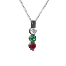 Trinity Taşlı Kolye - Swarovski, yeşil kuvars ve kök yakut 925 ayar siyah rodyum kaplama gümüş kolye (40 cm gümüş rolo zincir) #1qojyzy