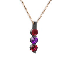 Trinity Taşlı Kolye - Kök yakut, ametist ve rodolit garnet 925 ayar siyah rodyum kaplama gümüş kolye (40 cm rose altın rolo zincir) #1qwivqq