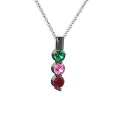 Trinity Taşlı Kolye - Yeşil kuvars, pembe kuvars ve kök yakut 925 ayar siyah rodyum kaplama gümüş kolye (40 cm beyaz altın rolo zincir) #1r1xshm