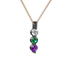 Trinity Taşlı Kolye - Swarovski, yeşil kuvars ve ametist 925 ayar siyah rodyum kaplama gümüş kolye (40 cm gümüş rolo zincir) #1rof64n
