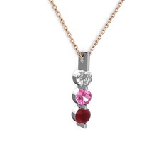 Swarovski, pembe kuvars ve kök yakut 8 ayar beyaz altın kolye (40 cm rose altın rolo zincir)