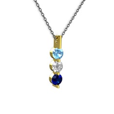 Akuamarin, swarovski ve lab safir 14 ayar altın kolye (40 cm gümüş rolo zincir)