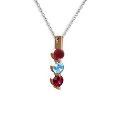 Kök yakut, akuamarin ve rodolit garnet 925 ayar rose altın kaplama gümüş kolye (40 cm gümüş rolo zincir)