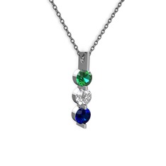 Yeşil kuvars, swarovski ve lab safir 8 ayar beyaz altın kolye (40 cm gümüş rolo zincir)