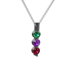 Trinity Taşlı Kolye - Yeşil kuvars, ametist ve rodolit garnet 925 ayar siyah rodyum kaplama gümüş kolye (40 cm beyaz altın rolo zincir) #1ua3l4e