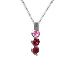 Pembe kuvars, rodolit garnet ve kök yakut 14 ayar beyaz altın kolye (40 cm beyaz altın rolo zincir)