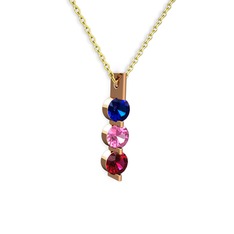Lab safir, pembe kuvars ve rodolit garnet 925 ayar rose altın kaplama gümüş kolye (40 cm altın rolo zincir)