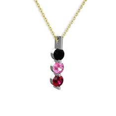 Siyah zirkon, pembe kuvars ve rodolit garnet 14 ayar beyaz altın kolye (40 cm gümüş rolo zincir)