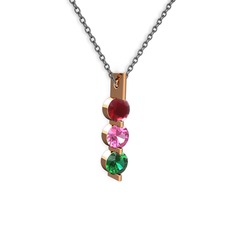 Kök yakut, pembe kuvars ve yeşil kuvars 925 ayar rose altın kaplama gümüş kolye (40 cm gümüş rolo zincir)