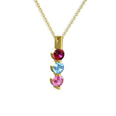Rodolit garnet, akuamarin ve pembe kuvars 14 ayar altın kolye (40 cm gümüş rolo zincir)