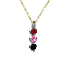 Trinity Taşlı Kolye - Kök yakut, pembe kuvars ve siyah zirkon 8 ayar beyaz altın kolye (40 cm altın rolo zincir) #1wfgxt5