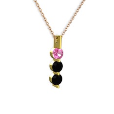 Pembe kuvars ve siyah zirkon 925 ayar altın kaplama gümüş kolye (40 cm gümüş rolo zincir)