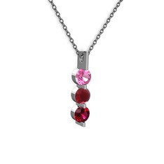 Pembe kuvars, kök yakut ve rodolit garnet 14 ayar beyaz altın kolye (40 cm gümüş rolo zincir)