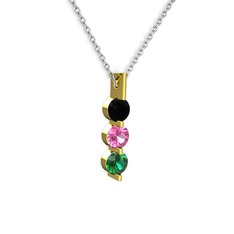 Siyah zirkon, pembe kuvars ve yeşil kuvars 925 ayar altın kaplama gümüş kolye (40 cm beyaz altın rolo zincir)