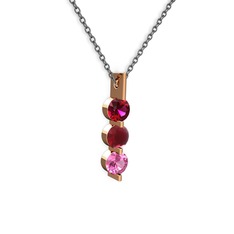 Rodolit garnet, kök yakut ve pembe kuvars 925 ayar rose altın kaplama gümüş kolye (40 cm gümüş rolo zincir)