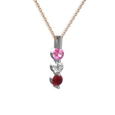 Pembe kuvars, swarovski ve kök yakut 8 ayar beyaz altın kolye (40 cm rose altın rolo zincir)
