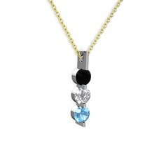 Trinity Taşlı Kolye - Siyah zirkon, swarovski ve akuamarin 8 ayar beyaz altın kolye (40 cm altın rolo zincir) #2c0tp7