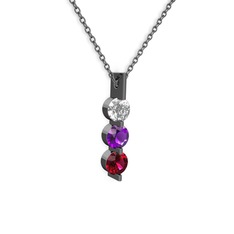 Trinity Taşlı Kolye - Swarovski, ametist ve rodolit garnet 925 ayar siyah rodyum kaplama gümüş kolye (40 cm gümüş rolo zincir) #2je9qq
