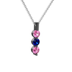 Pembe kuvars ve lab safir 925 ayar siyah rodyum kaplama gümüş kolye (40 cm gümüş rolo zincir)
