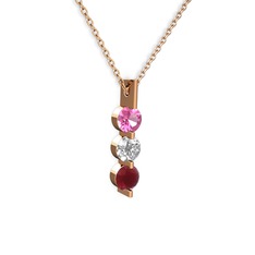 Pembe kuvars, swarovski ve kök yakut 925 ayar rose altın kaplama gümüş kolye (40 cm gümüş rolo zincir)