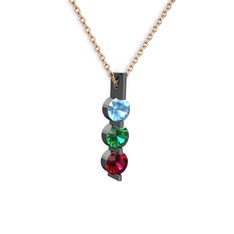 Akuamarin, yeşil kuvars ve rodolit garnet 925 ayar siyah rodyum kaplama gümüş kolye (40 cm rose altın rolo zincir)