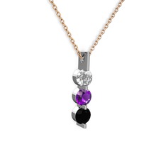 Trinity Taşlı Kolye - Swarovski, ametist ve siyah zirkon 14 ayar beyaz altın kolye (40 cm rose altın rolo zincir) #3iow27