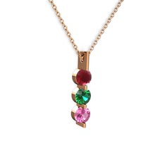 Kök yakut, yeşil kuvars ve pembe kuvars 14 ayar rose altın kolye (40 cm rose altın rolo zincir)