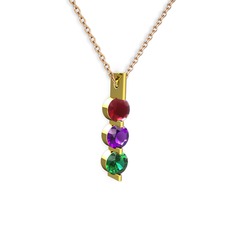 Kök yakut, ametist ve yeşil kuvars 8 ayar altın kolye (40 cm rose altın rolo zincir)