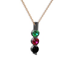 Yeşil kuvars, rodolit garnet ve siyah zirkon 925 ayar siyah rodyum kaplama gümüş kolye (40 cm rose altın rolo zincir)
