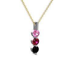 Trinity Taşlı Kolye - Pembe kuvars, rodolit garnet ve siyah zirkon 14 ayar beyaz altın kolye (40 cm gümüş rolo zincir) #47cafo