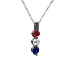 Trinity Taşlı Kolye - Kök yakut, swarovski ve lab safir 925 ayar siyah rodyum kaplama gümüş kolye (40 cm beyaz altın rolo zincir) #4bjfup