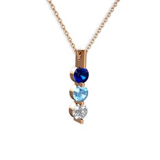 Lab safir, akuamarin ve swarovski 14 ayar rose altın kolye (40 cm rose altın rolo zincir)