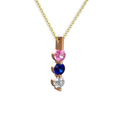 Trinity Taşlı Kolye - Pembe kuvars, lab safir ve swarovski 14 ayar rose altın kolye (40 cm gümüş rolo zincir) #54peyk