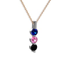 Lab safir, pembe kuvars ve siyah zirkon 14 ayar beyaz altın kolye (40 cm gümüş rolo zincir)