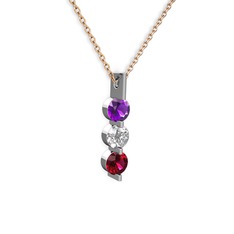 Ametist, swarovski ve rodolit garnet 14 ayar beyaz altın kolye (40 cm rose altın rolo zincir)