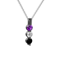 Trinity Taşlı Kolye - Ametist, swarovski ve siyah zirkon 925 ayar siyah rodyum kaplama gümüş kolye (40 cm beyaz altın rolo zincir) #5jeljv
