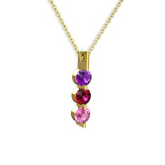 Ametist, rodolit garnet ve pembe kuvars 8 ayar altın kolye (40 cm altın rolo zincir)