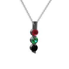 Trinity Taşlı Kolye - Kök yakut, yeşil kuvars ve siyah zirkon 925 ayar siyah rodyum kaplama gümüş kolye (40 cm gümüş rolo zincir) #5t7j03