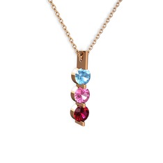 Akuamarin, pembe kuvars ve rodolit garnet 925 ayar rose altın kaplama gümüş kolye (40 cm gümüş rolo zincir)