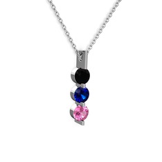 Siyah zirkon, lab safir ve pembe kuvars 14 ayar beyaz altın kolye (40 cm beyaz altın rolo zincir)