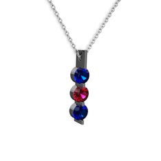 Trinity Taşlı Kolye - Lab safir ve rodolit garnet 925 ayar siyah rodyum kaplama gümüş kolye (40 cm beyaz altın rolo zincir) #6q1j90